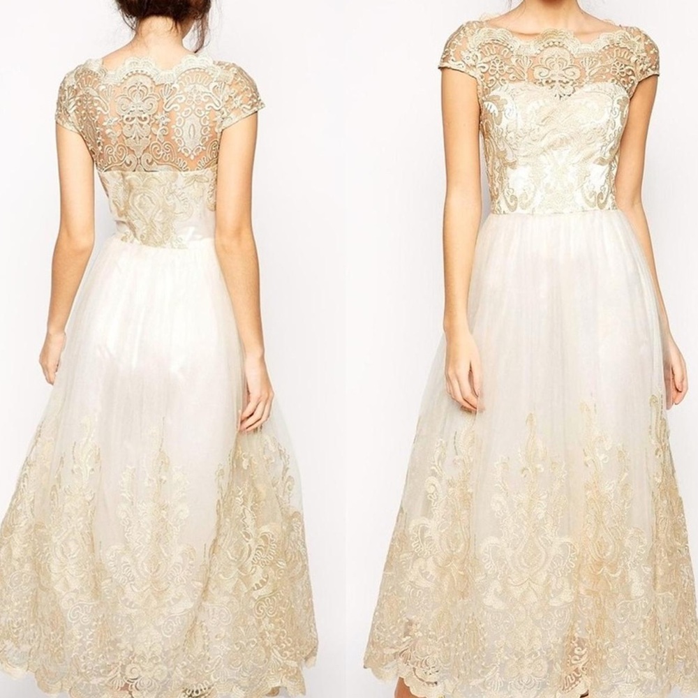 Chi Chi London Gold and Cream Lace Wedding Dress